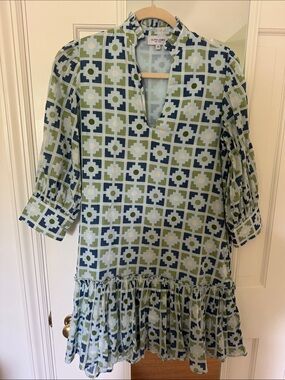 Olivia James Green & Blue Geometric Ruffle Dress